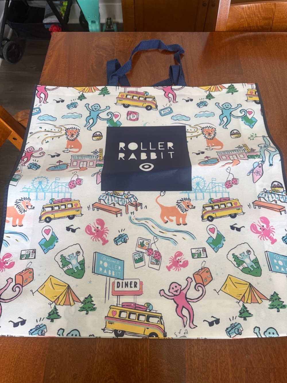 Roller Rabbit Kids Canvas Tote - Cream Base with Pink, Blue, Yellow Accents